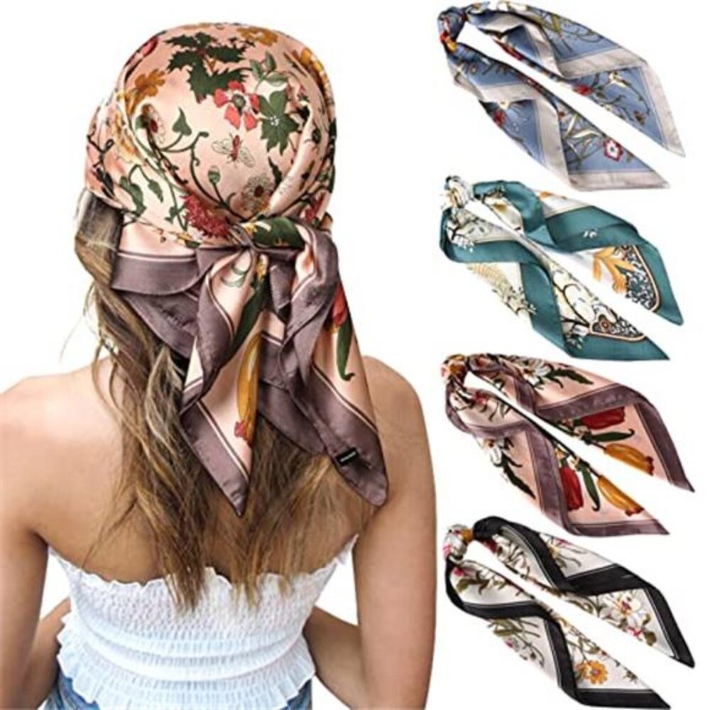 Womens satin silk feeling head scarf set square hair bandana neck scarf 4 pack